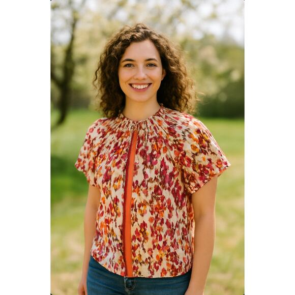 THML Ruffle Sleeve Flower Print Top Fall Colorblock Stripe Detail Smocking S - Picture 1 of 7